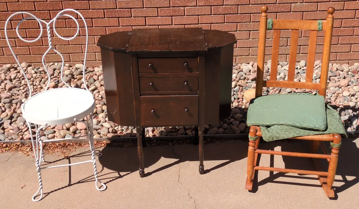 Parlor Chair, Rocking Chair, & Martha Washington Sewing Cabinet