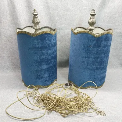 Hollywood Regency Blue Velvet Swag Hanging Lamps with Chain
