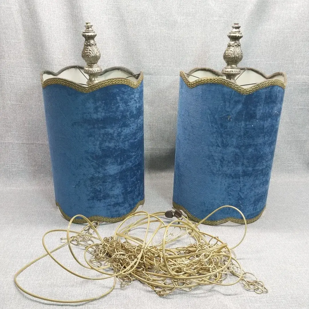 Hollywood Regency Blue Velvet Swag Hanging Lamps with Chain