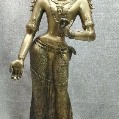 Nepalese Brass Standing Tara Statue, Polished Finish, Lotus Base