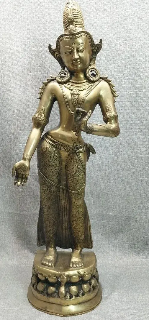 Nepalese Brass Standing Tara Statue, Polished Finish, Lotus Base