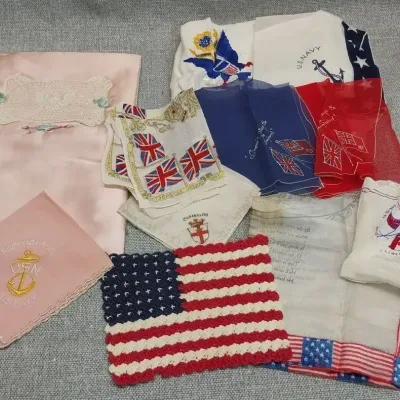 WWI–WWII Military Sweetheart Handkerchief Lot – US Navy, Coblenz, Union Jack & Flags