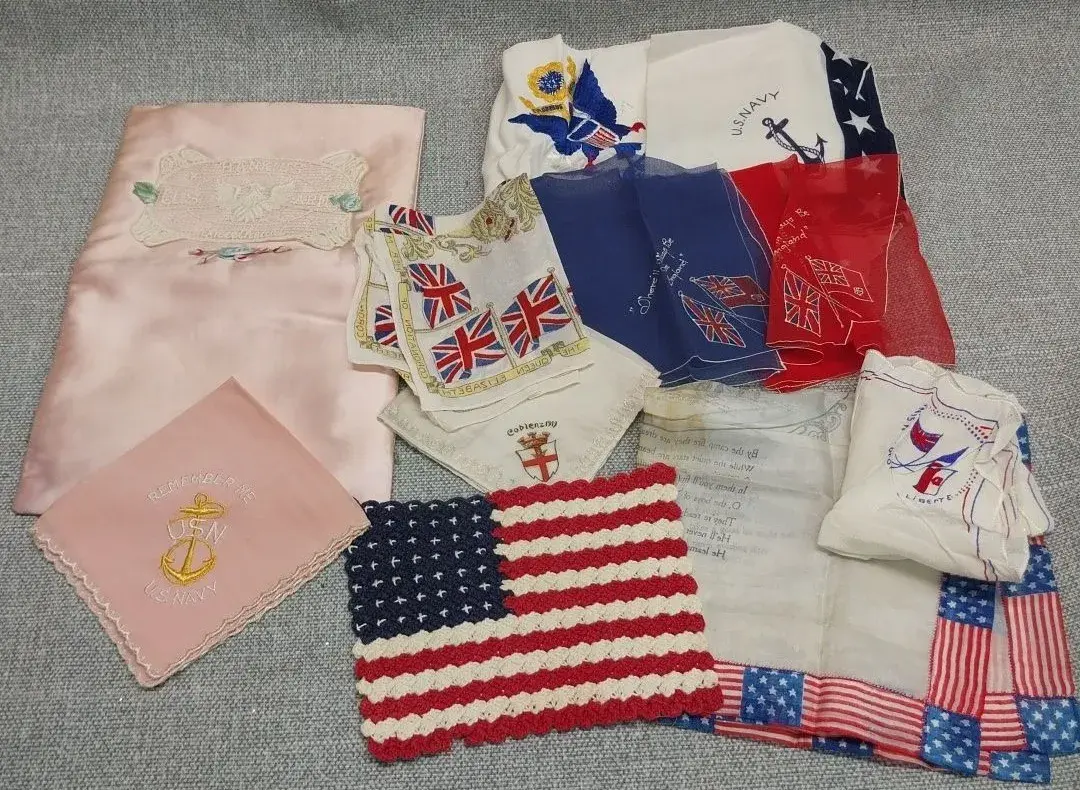 WWI–WWII Military Sweetheart Handkerchief Lot – US Navy, Coblenz, Union Jack & Flags