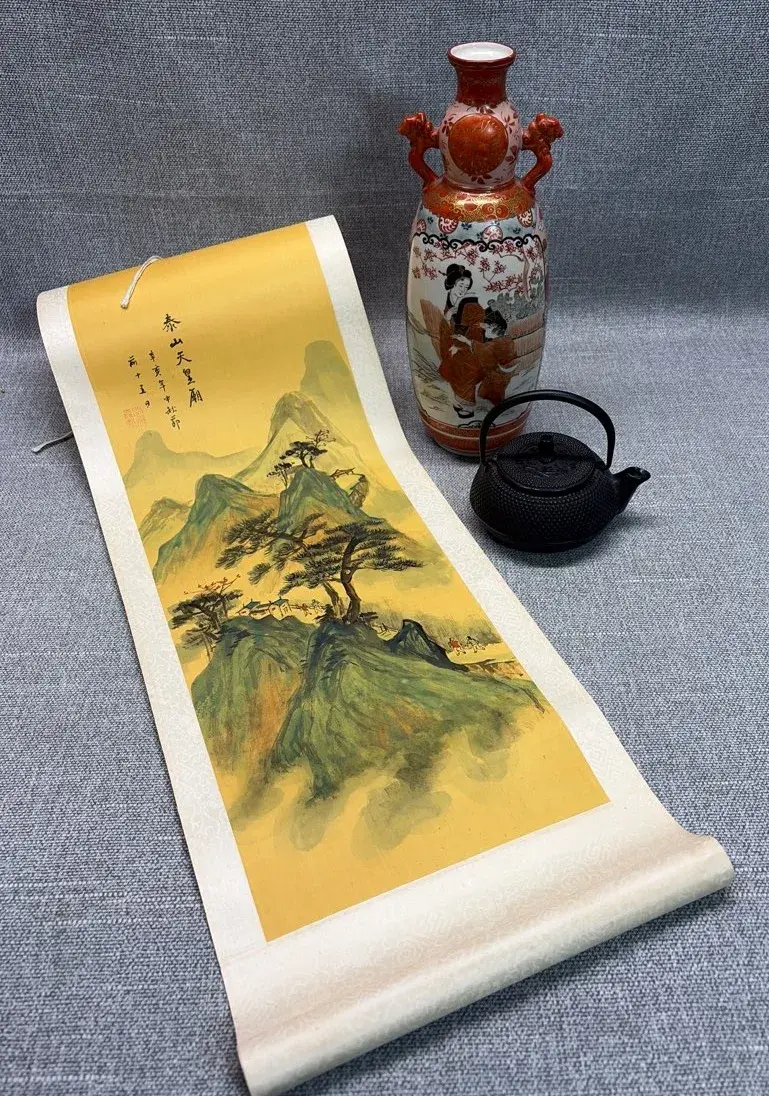 Japanese Kutaini Porcelain Vase, Retaining Cast Iron Tea Pot and Hand painted Hanging Scroll