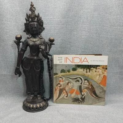 Nepalese Brass Standing Tara Statue with Prayer Mala & 1969 The Art of India Book