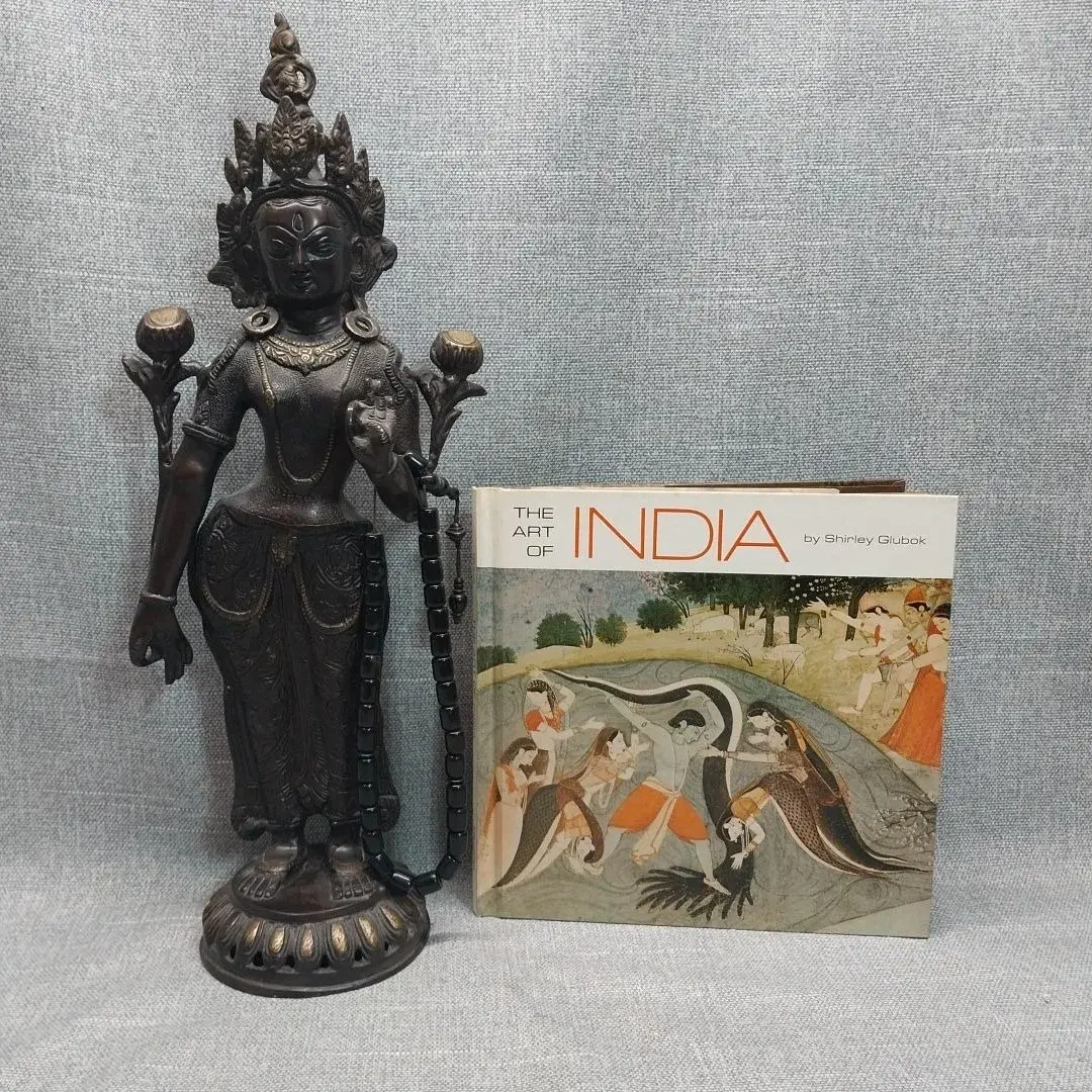 Nepalese Brass Standing Tara Statue with Prayer Mala & 1969 The Art of India Book