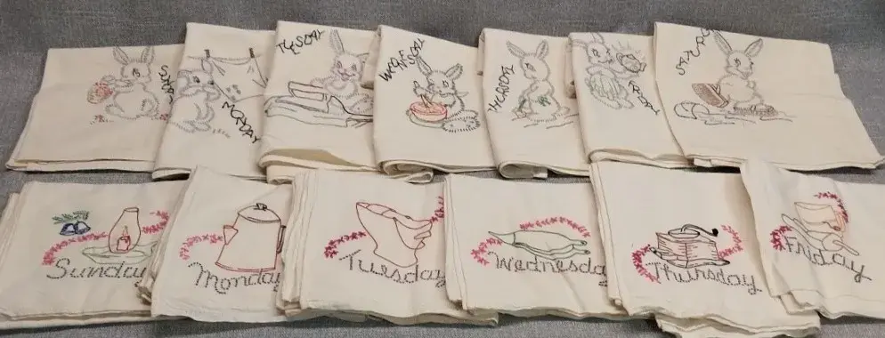 Hand-Embroidered Days of the Week Flour Sack Tea Towels – Bunnies & Kitchen