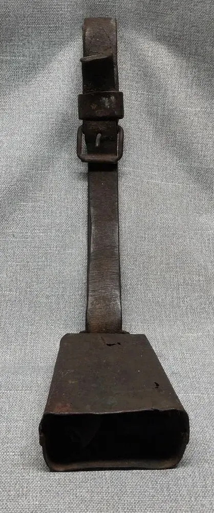Primitive Iron Cow Bell with Original Leather Collar Strap & Buckle