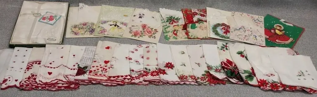 Vintage Handkerchief Lot of [40+] – Christmas Poinsettias, Valentine Hearts & Hankie Greeting Cards