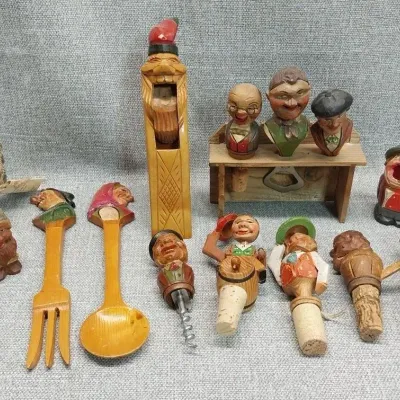 Anri-Style Carved Wood Mechanical Bottle Stoppers, Corkscrew & Nutcracker Lot