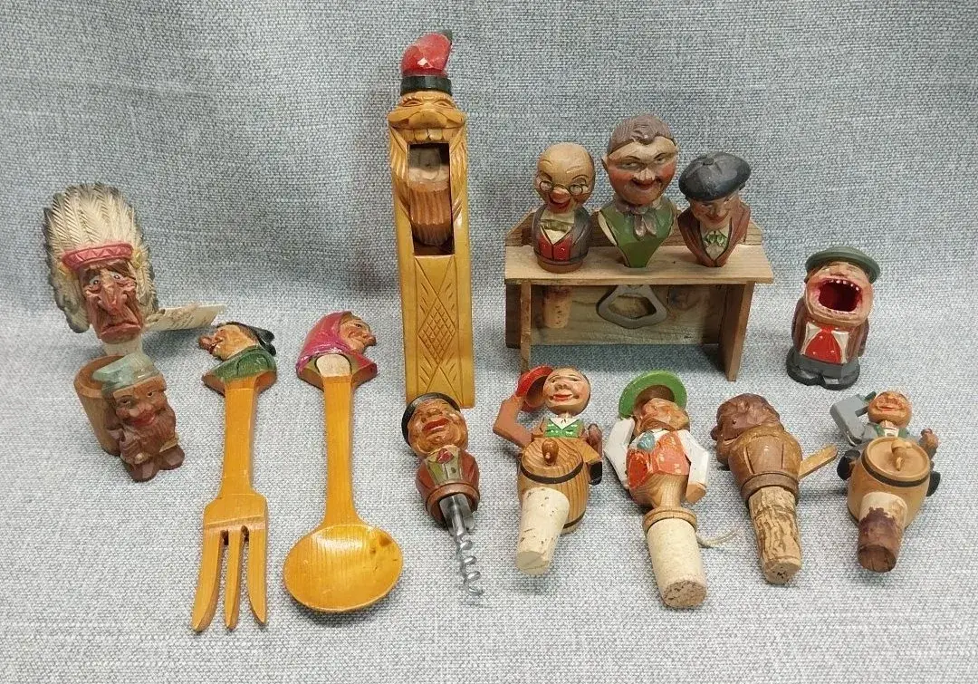 Anri-Style Carved Wood Mechanical Bottle Stoppers, Corkscrew & Nutcracker Lot