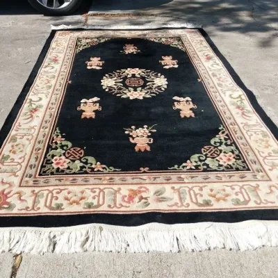 Vintage Chinese Hand-Knotted Wool Area Rug – Black Field, Carved Pile, Floral Medallion