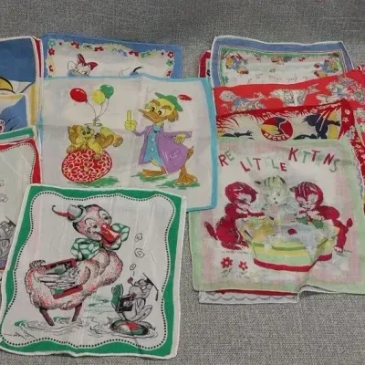 1940s–50s Children's Novelty Handkerchief Lot – Heckle, Three Little Kittens, Animals