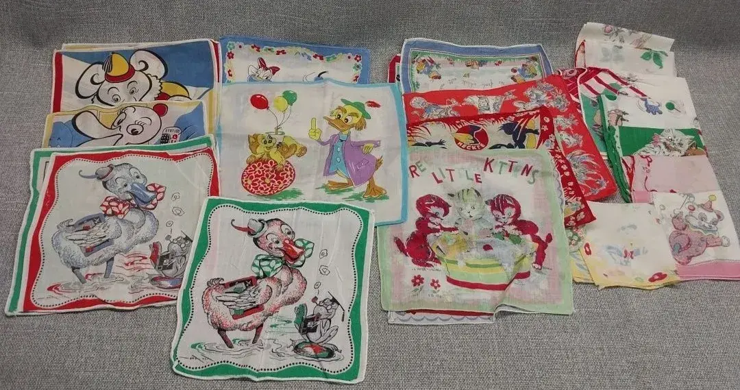 1940s–50s Children's Novelty Handkerchief Lot – Heckle, Three Little Kittens, Animals