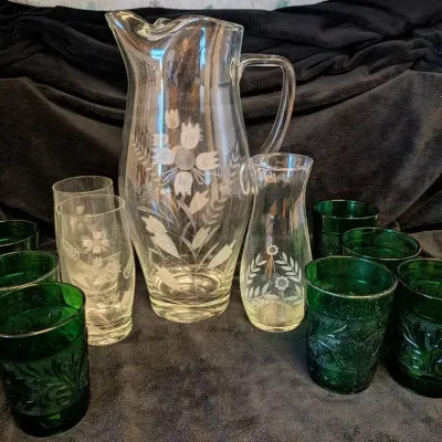 Vintage Anchor Hocking Forest Green Glassware, Etched Glass   Pitcher & More