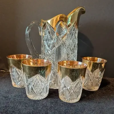 Vintage Victorian Elegant EAPG Gold Crested Pitcher & Four Glasses