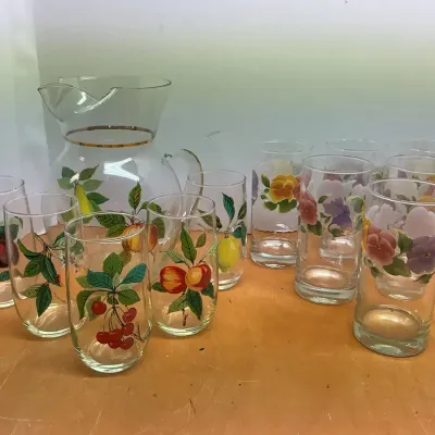 Hand Painted Glass Pitcher & Glasses Including Crisa 