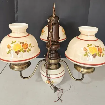Vintage Three Light Floral Milk Glass Hanging Chandelier 
