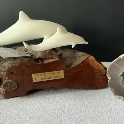 John Perry Dolphin with Calf Sculpture & Agate Geode