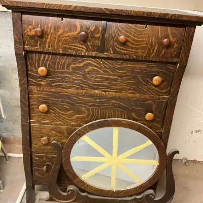 Tiger Oak Highboy Dresser With Oval Mirror