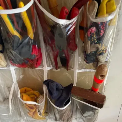 Garden & Hand Tool Organizer Lot: Hanging Pocket Storage Caddy with Assorted Hand Tools & Yard Acces