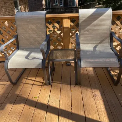 3-Piece Outdoor Patio Bistro Set: Pair of Neutral Sling Armchairs & Glass-Top Side Table
