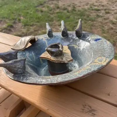 Artisan Verdigris Patina Ceramic Birdbath with Sculpted Birds & Iron Stand