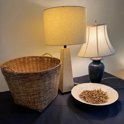 Contemporary Ceramic Accent Lamp, Woven Storage Basket & Decorative Tableware Lot