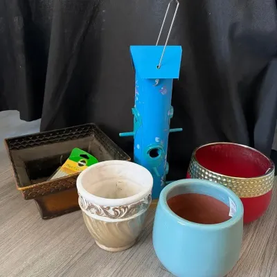 Assorted Ceramic Planters, Pottery & Decorative Birdfeeder Lot