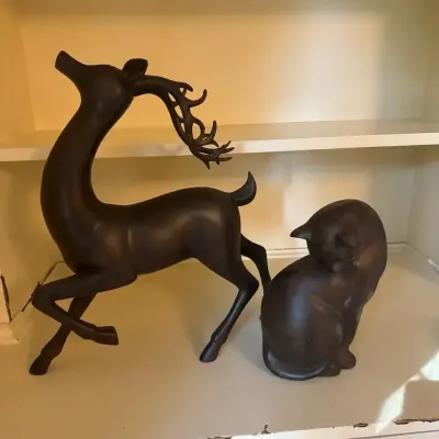 Carved Wooden Reclining Cat & Deer Figural Sculpture Pair