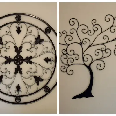 Decorative Metal Wall Art Duo: Circular Scroll Medallion & Whimsical Tree of Life Sculpture