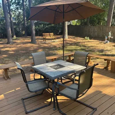 Hampton Bay Outdoor Patio Dining Set: Tile-Top Square Table & 4 Sling Armchairs W Smith And Hawkins 