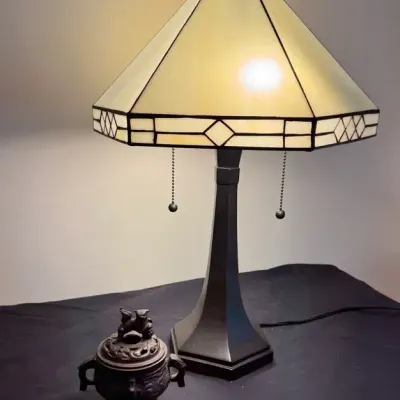 Mission / Arts & Crafts Style Slag Glass Table Lamp & Ornate Metal Censer Urn Lot