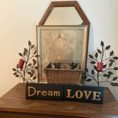 Rustic Home Decor Lot: Hanging Glass Lantern, Wood Word Blocks ("Dream" & "LOVE") & Woven Basket