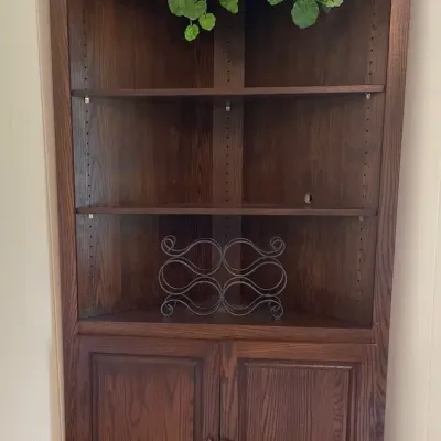 Solid Wood 3-Shelf Corner Cabinet with Wine Rack & Faux Plant Decor