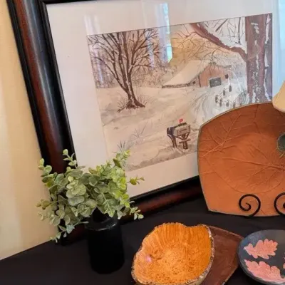 Rita Howard Framed Winter Watercolor & Studio Art Pottery / Stoneware Serving Lot