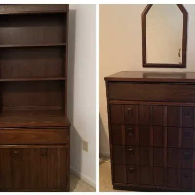 Mid-Century Modern Dresser & Attached Bookcase Hutch with Matching Mirror