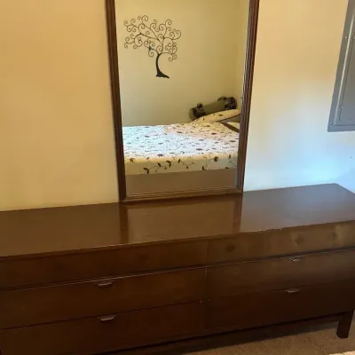 Mid-Century Modern Bassett Dresser with Mirror & Matching Full Bed Frame Set