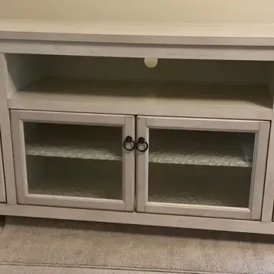 Whitewashed Cottage / Farmhouse Media Console TV Stand with Glass Doors & Side Cabinets