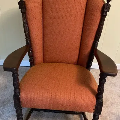Carved Wood High-Back Armchair in Rust Orange Upholstery
