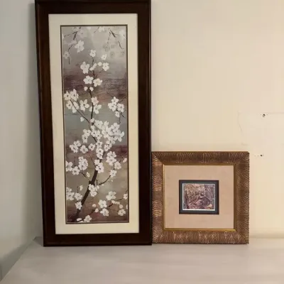 Framed Wall Art Pair: Large Vertical Asian Blossom Print & Small Framed Accent Print