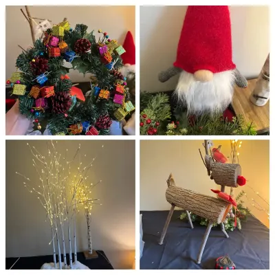 Large Holiday & Christmas Decor Lot: Red Hat Gnome, Snowmen, Linens, Lighted Branches & Accents