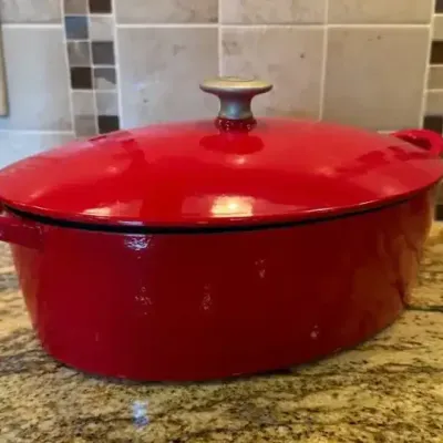 Enameled Cast Iron Dutch Oven with Lid in Gloss Red Finish (Possible Mario Batali)
