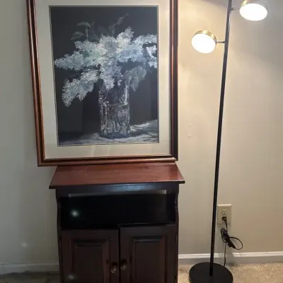 Wooden Side Table, Multi-Light Floor Lamp & Framed Art Print Trio
