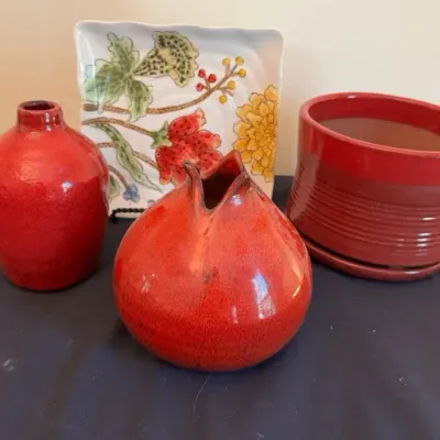 Decorative Pottery & Tabletop Decor Lot: Red Glazed Pomegranate Vessels, Floral Trinket Box & Bowl