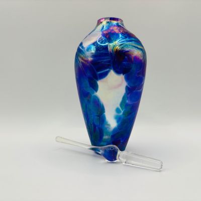 LOT 105: Vintage Art Glass Perfume Bottles: Iridescent Blue & Blue Swirl - unsigned