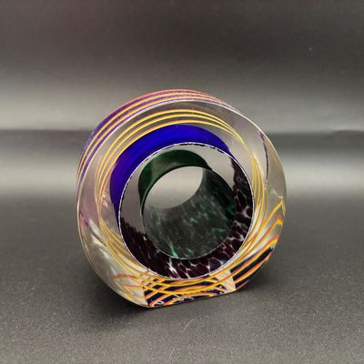 LOT 61: Blue, Red, Yellow Swirled Linear Pattern Art Glass Signed Paperweight
