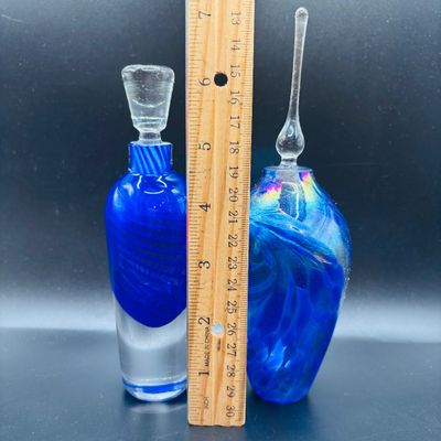 LOT 105: Vintage Art Glass Perfume Bottles: Iridescent Blue & Blue Swirl - unsigned