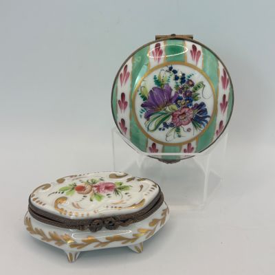 LOT 80: Vintage Limoges Trinket Boxes: Floral Footed & Green Stripe Floral