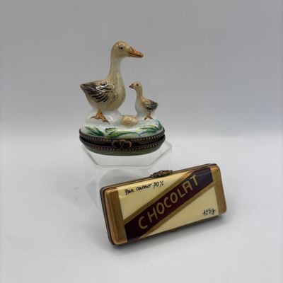 LOT 76: Vintage Limoges Trinket Boxes: Gourmet Chocolate Bar & Mother Duck w/Duckling